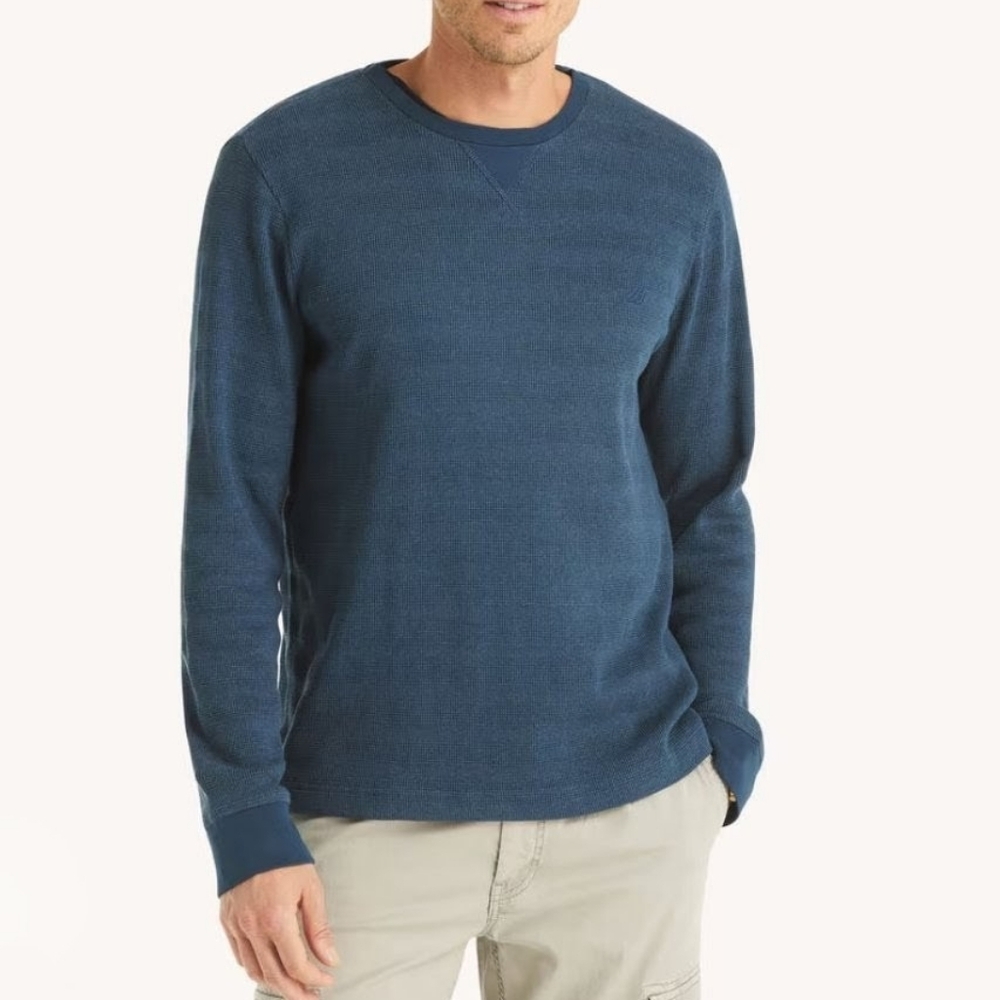GH Bass Men's Blue Waffle Knit Thermal Long Sleeve Sweater XL